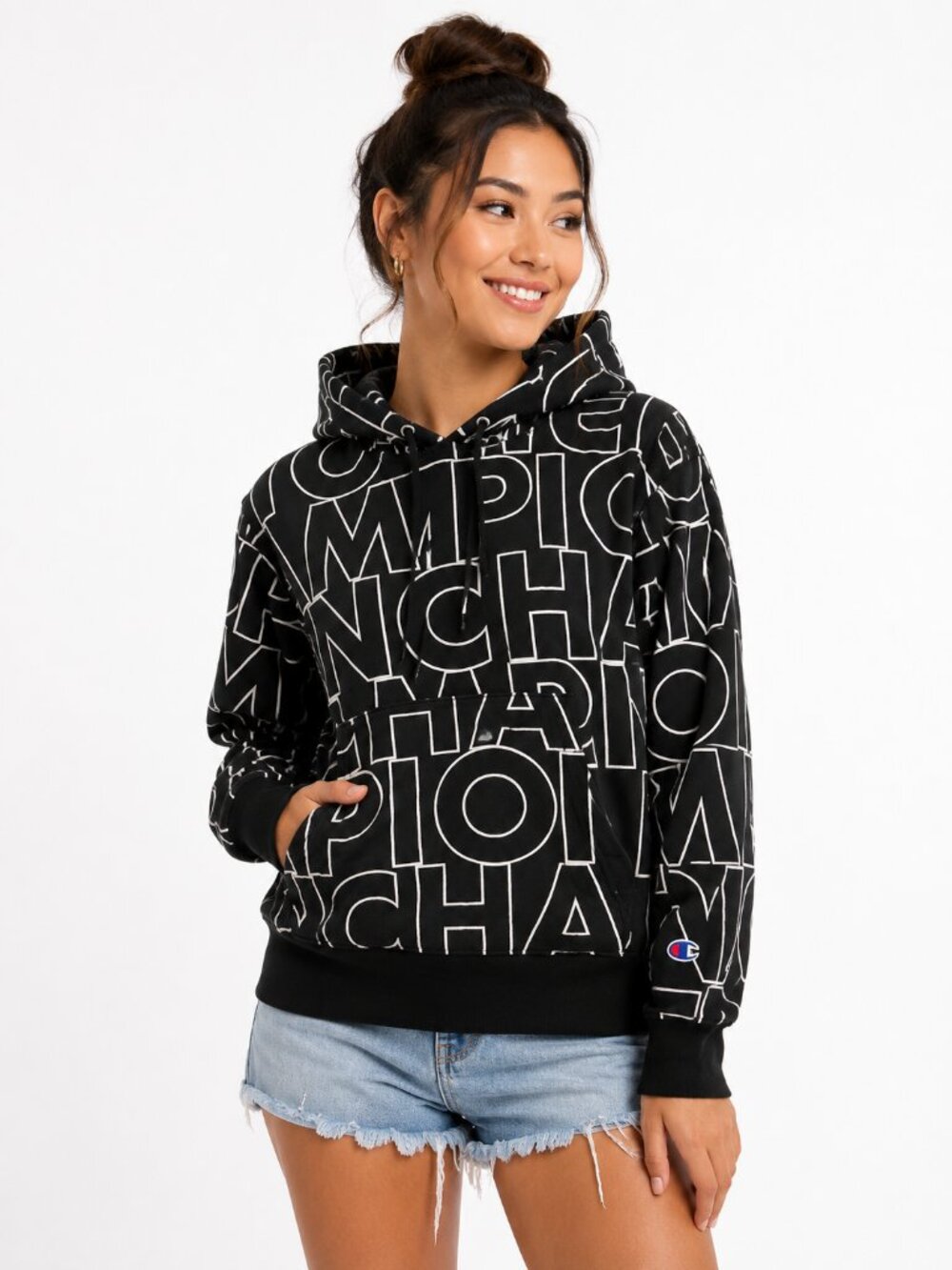 Champion Reverse Weave All Over Logo Hoodie Black White Graphic Pullover